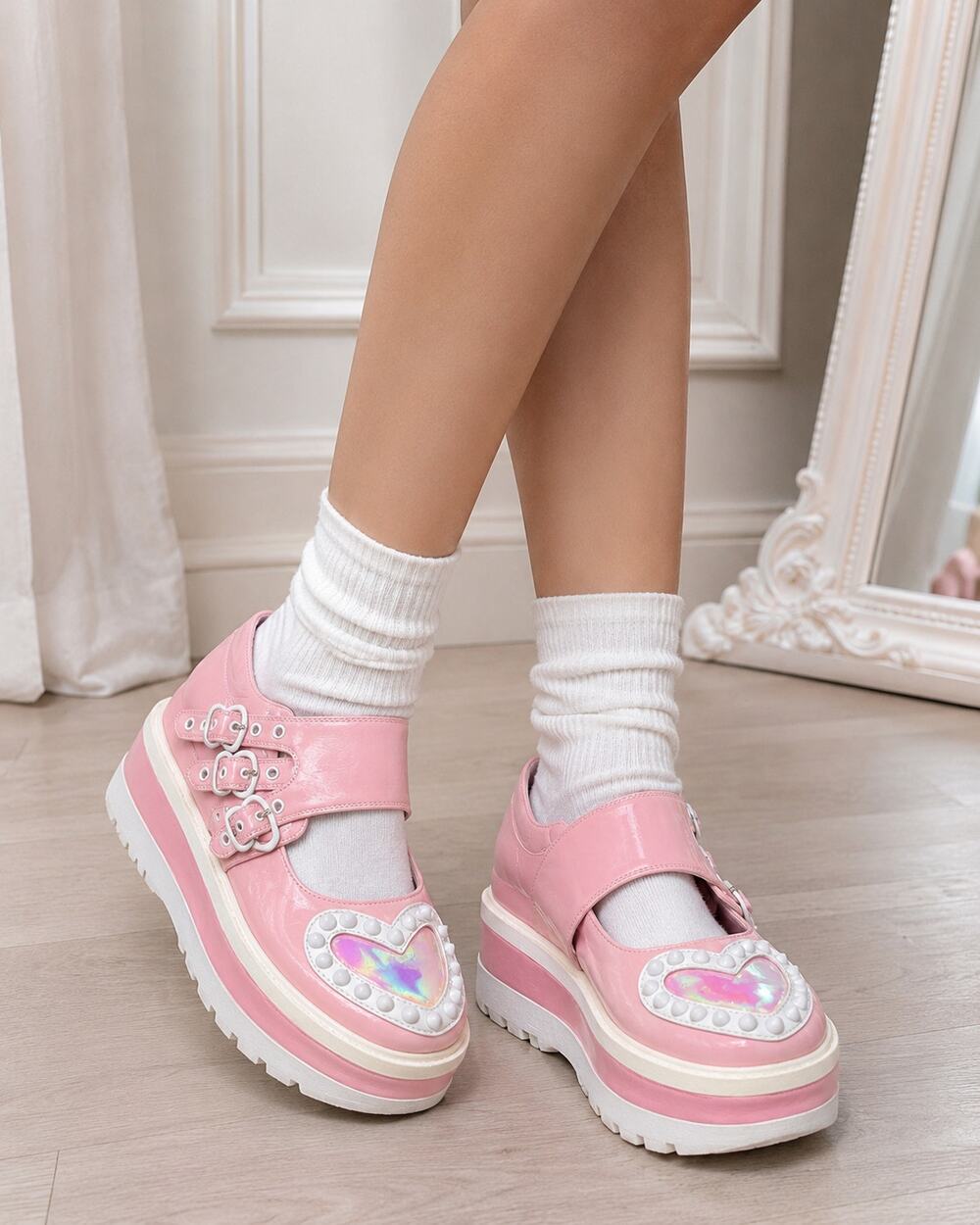 Demonia Pink Platform Mary Jane Shoes Iridescent Heart Studded Kawaii Goth